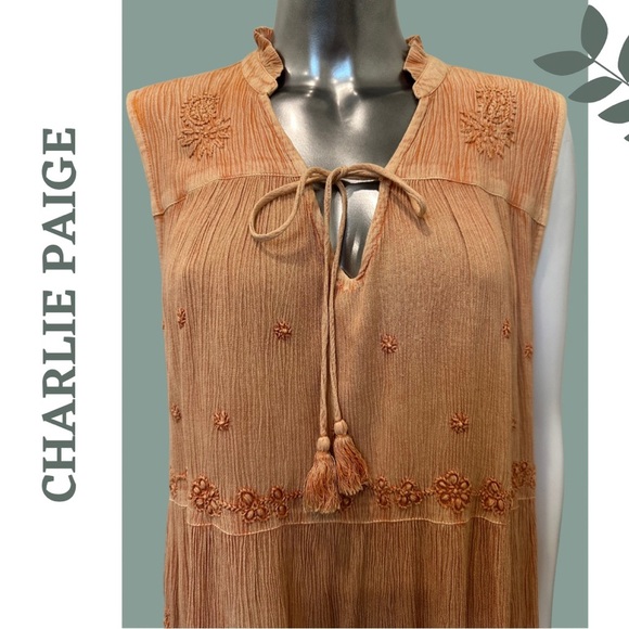 Charlie Paige Women's Brown Orange Embroidered Sleeveless Top Boho Indie Large - Picture 3 of 5
